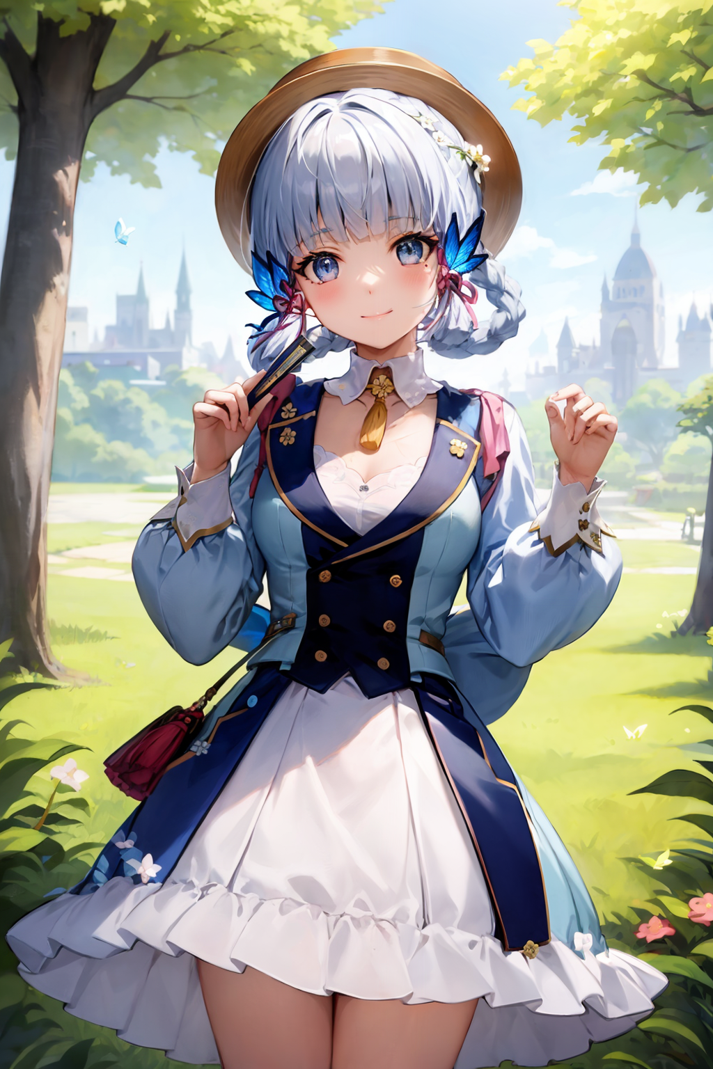 01644-1673106606-masterpiece, best quality, _lora_AyakaKamisato_1_,1girl, bug, solo, butterfly, smile, blue eyes, bangs, dress, looking at viewer.png